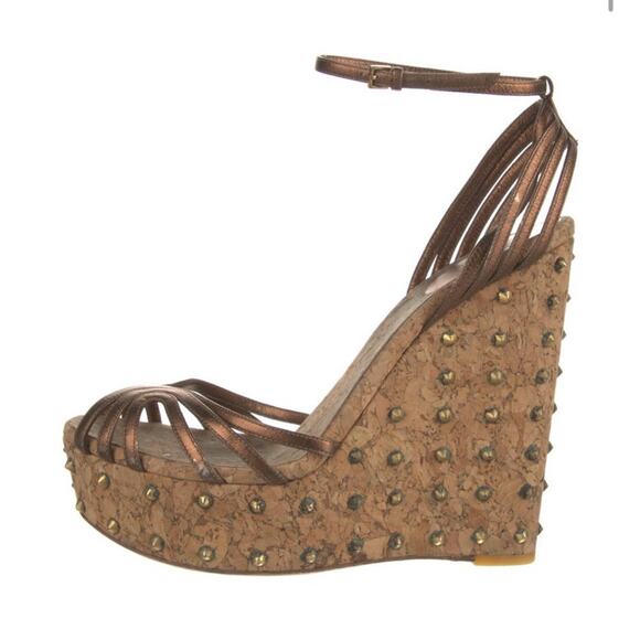 AUTH Gucci Metallic Brown Leather Studded Cork Platform Wedge Sandals Sz EU 40 - Picture 3 of 6